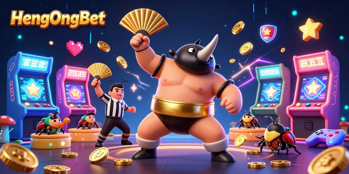 Experience thrilling gameplay with HengOngBet as a rhinoceros beetle sumo champion stomps coins into the air.