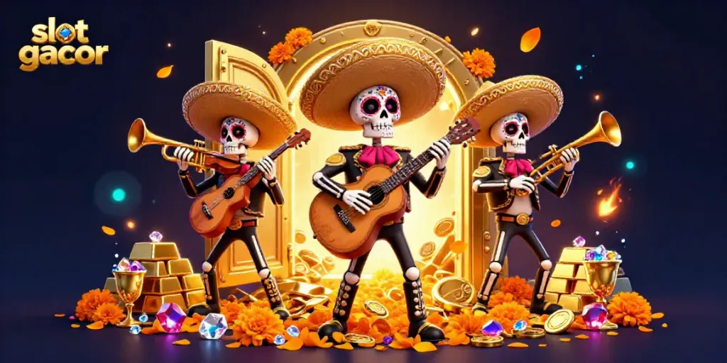 Experience the thrill of slot gacor with vibrant mariachi characters amidst riches.