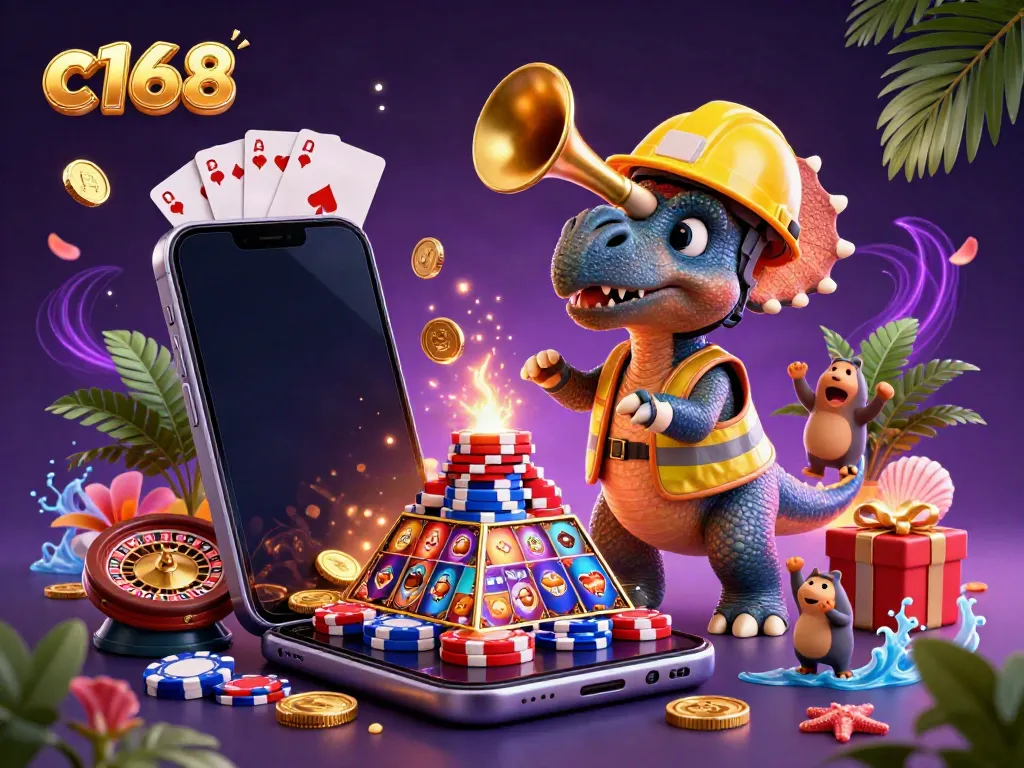 Engage with c168 while a triceratops builds poker chip towers amidst a vibrant casino scene.
