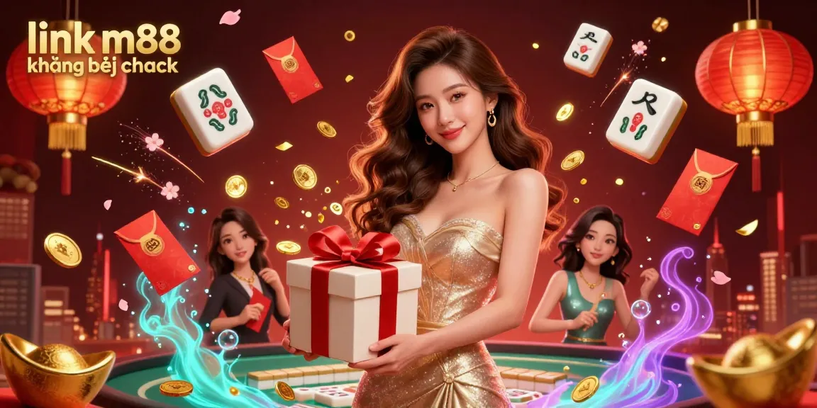 Tham gia link m88 không bị chặn để trải nghiệm casino vui vẻ với một người phụ nữ châu Á xinh đẹp giữa những đồng tiền vàng và bùa may mắn.