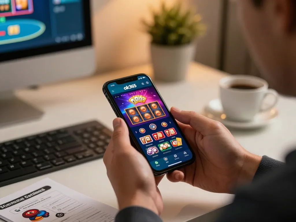 Player engaging with ok365 mobile app displaying vibrant casino games in a cozy home office setting