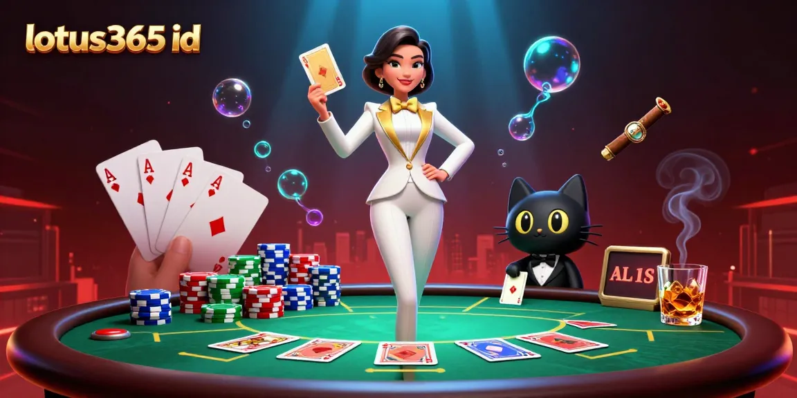 Engage in thrilling poker action with lotus365 id as a glamorous dealer shuffles cards beside a stylish cat in a tuxedo.