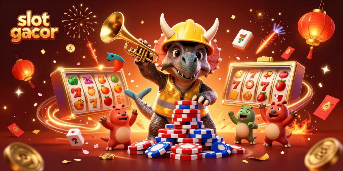 Slot gacor menampilkan ilustrasi 3D di kasino dengan simbol slot dan karakter berbahagia.