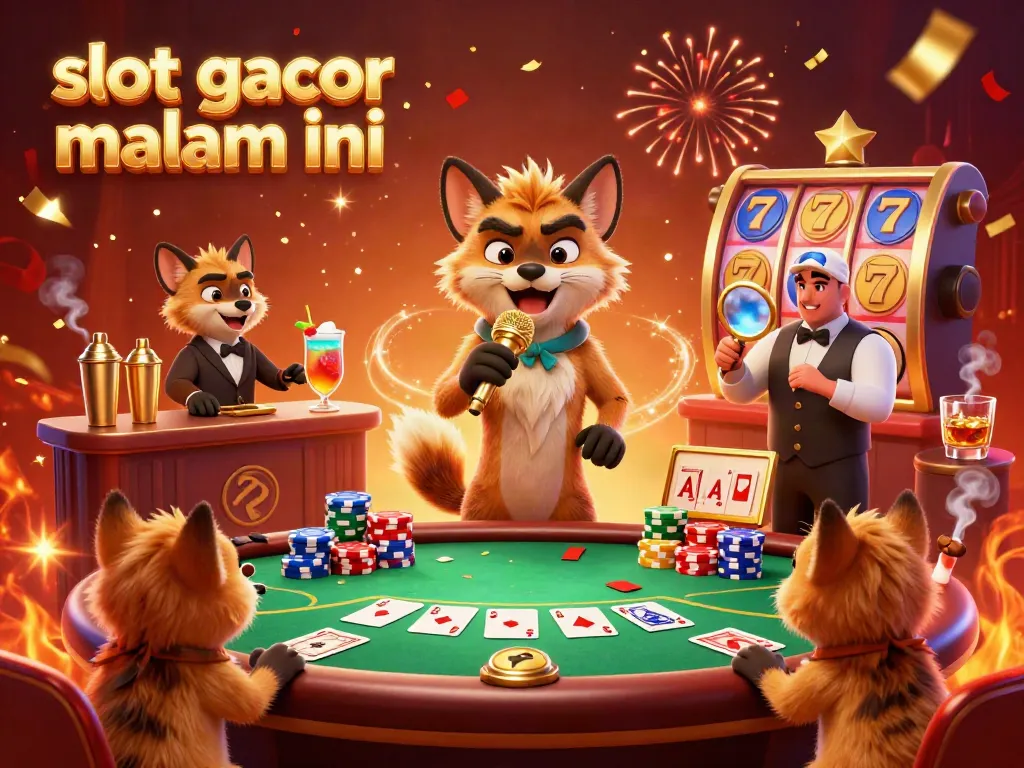 Engage in the thrilling atmosphere of slot gacor malam ini in a vibrant casino scene with humorous hyena characters.