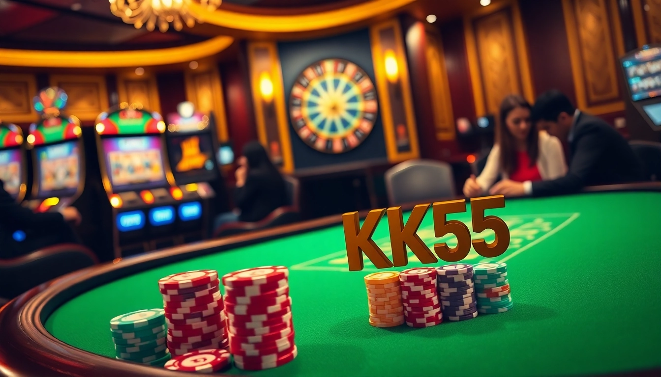 High-stakes poker gameplay featuring KK55 chips and vibrant casino atmosphere