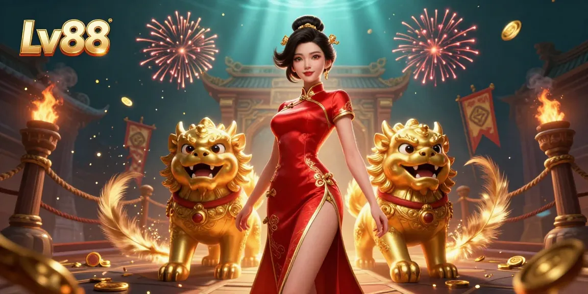 Experience the excitement of Lv88 with colorful gaming elements and a dynamic scene from an Asian-inspired online casino.