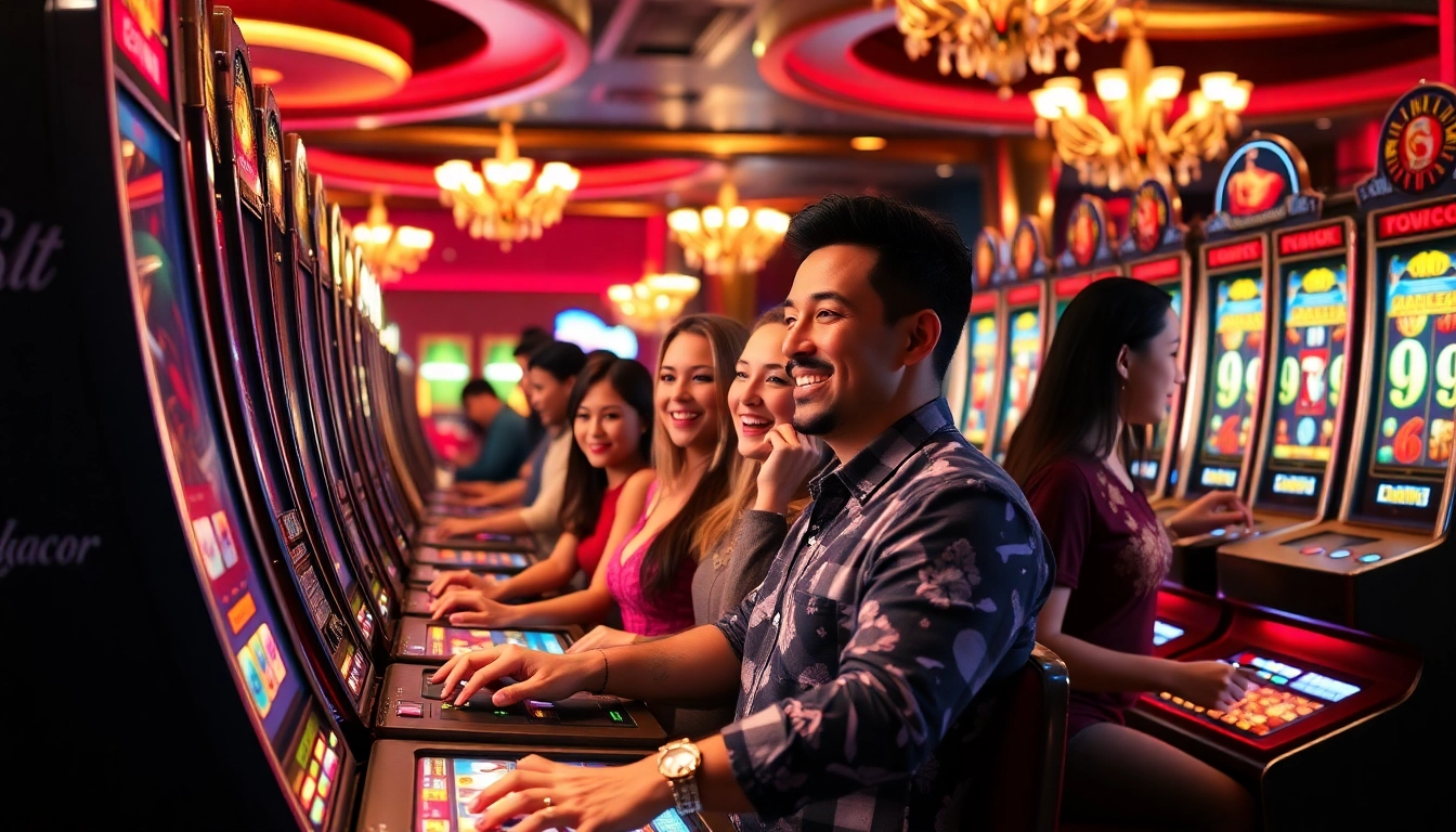 Experience the thrill of slot gacor demo in a luxurious casino setting, showcasing players engaged with vibrant slot machines.