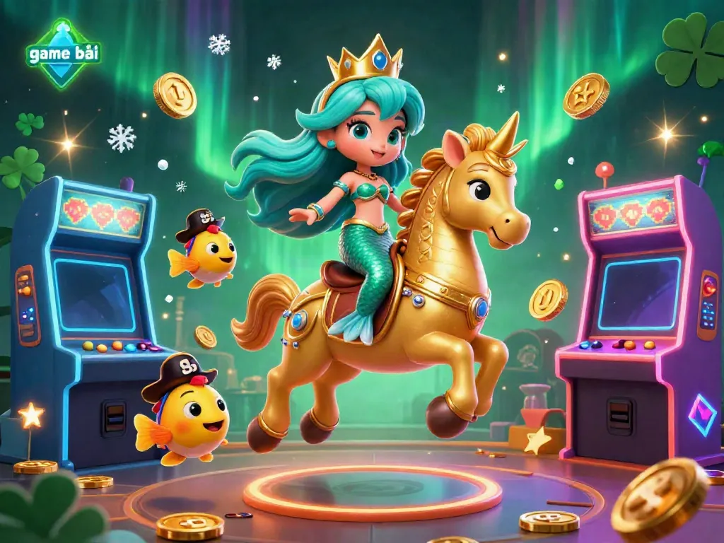 Experience game bài adventures with a vibrant mermaid princess and seahorse in a dazzling casino scene.