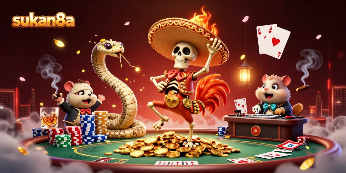 Sukan8a celebrates wins with a mariachi rooster, mummy snake, and DJ hamster in a vibrant poker scene.