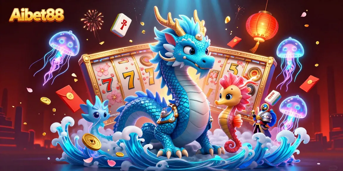 Aibet88 promotes a dynamic casino experience with a thrilling underwater adventure scene featuring colorful characters and gaming elements.
