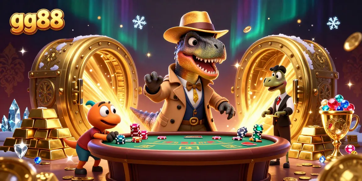Experience thrilling gaming at gg88 with a velociraptor card counter and stegosaurus pit boss at a vibrant casino table.