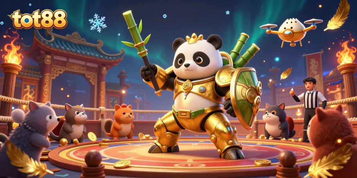 Experience dynamic gaming with tot88 in a vibrant fighting casino arena featuring a golden panda and bamboo robot.