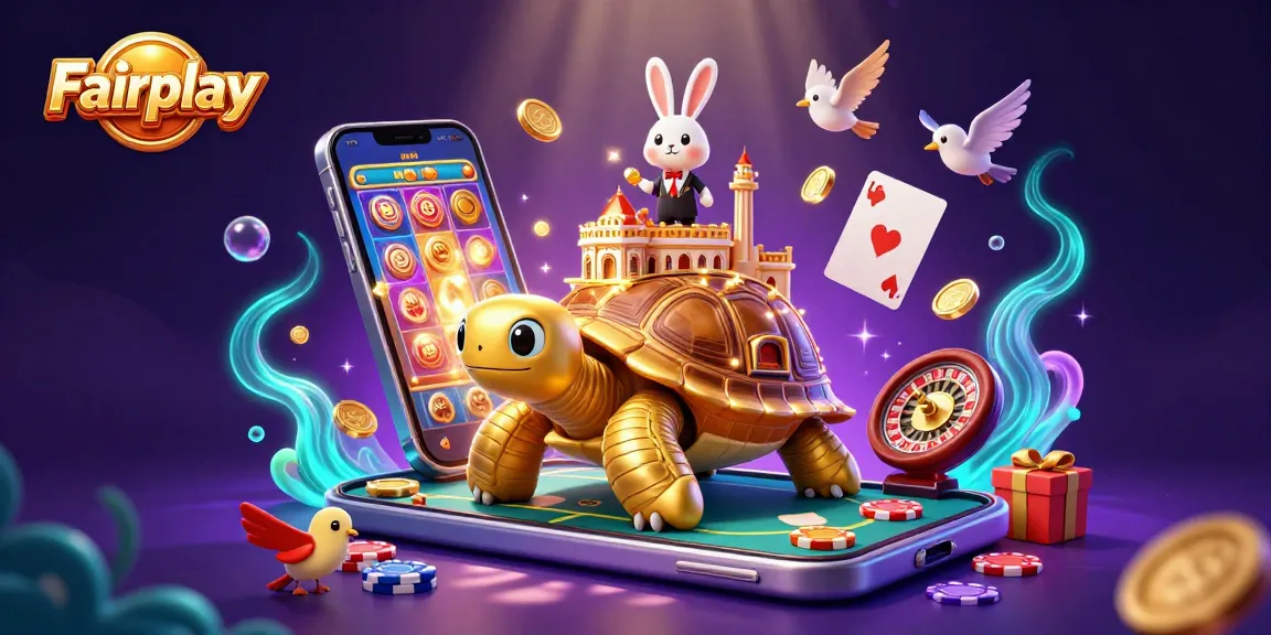 Experience Fairplay with a vibrant gaming scene featuring a golden tortoise, rabbit dealer, and dynamic casino elements.
