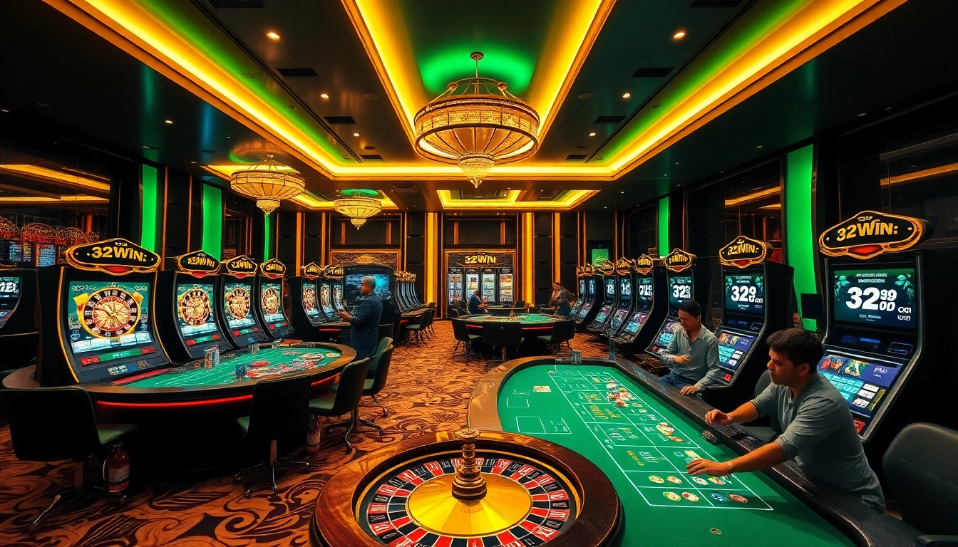 Immerse in the excitement of online gaming at 32win com, featuring vibrant tables and casino elements.