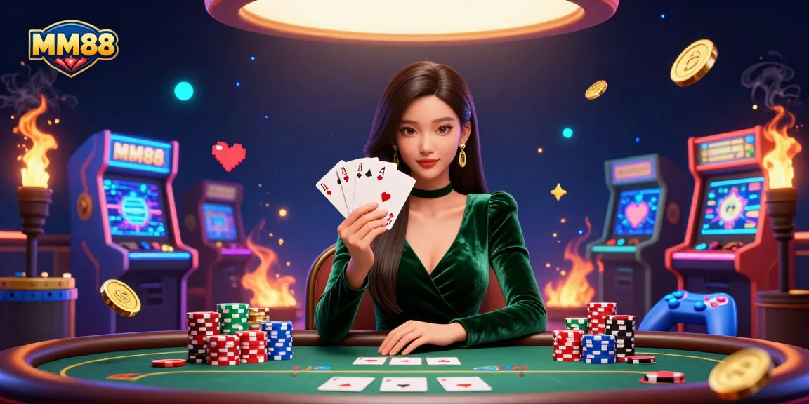 Experience the thrill of MM88 with a glamorous poker scene featuring vibrant arcade elements.