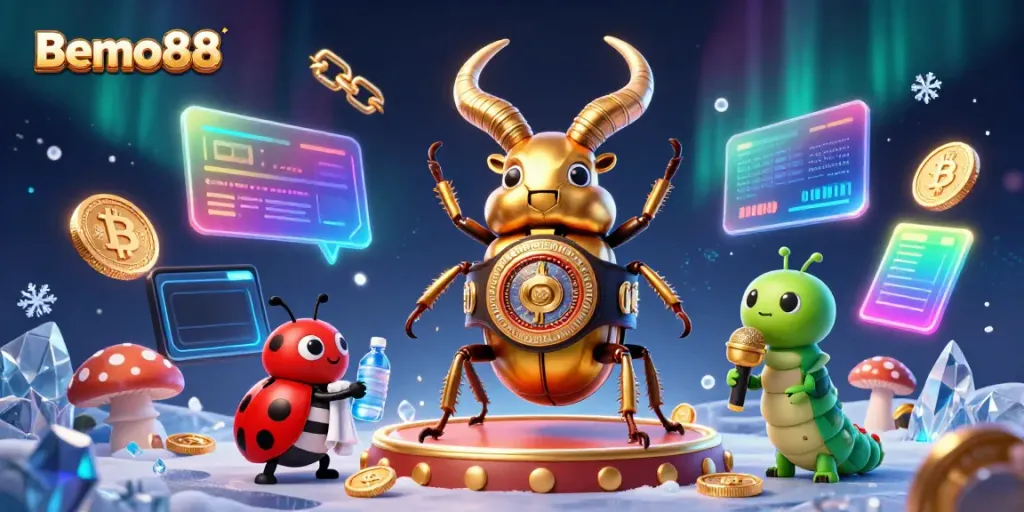 Bemo88 showcases a vibrant 3D scene with a golden stag beetle boxing champion, emphasizing thrilling casino action.