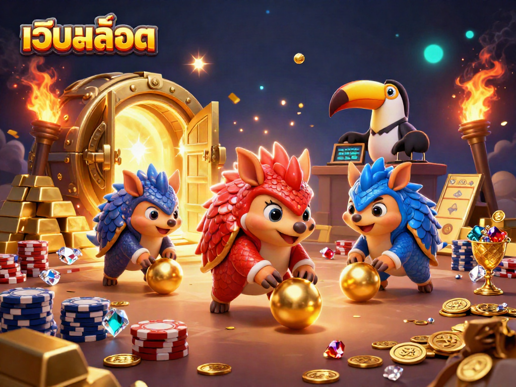Engage with เว็บสล็อต in this vibrant 3D casino illustration featuring battling pangolins amidst golden treasures.