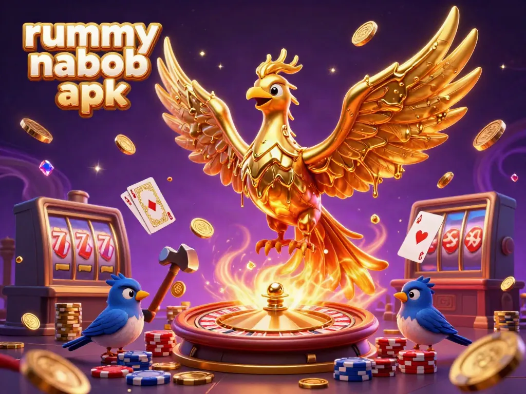 Permainan rummy nabob apk menarik dengan simbol jackpot dan tumpukan koin emas terbang di kasino.