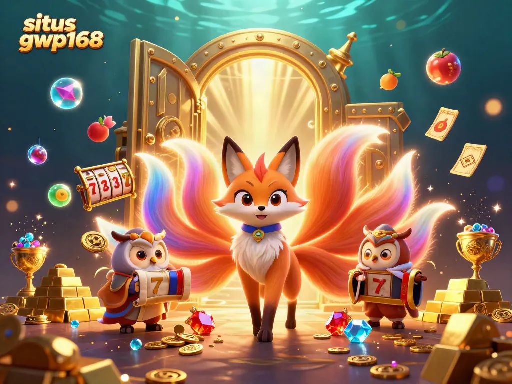 Gambarlah situs gwp168 dengan semburan cahaya emas dan karakter ceria di kasino online.