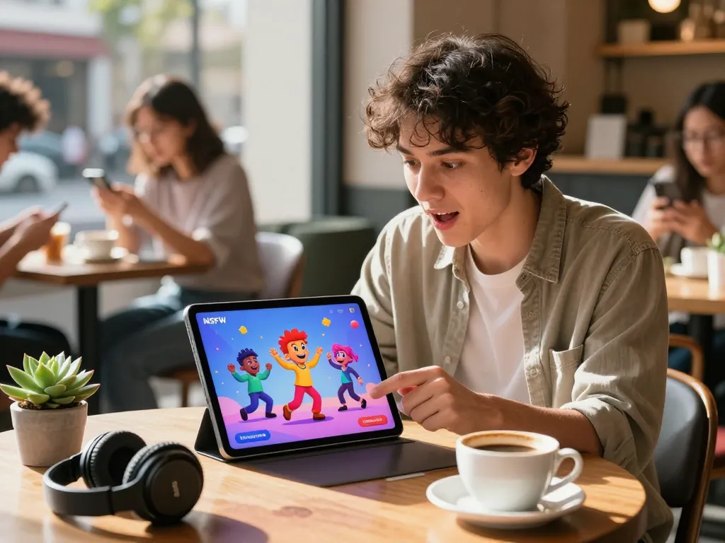 Engaging with an NSFW AI character app in a café setting, showcasing tech innovations.