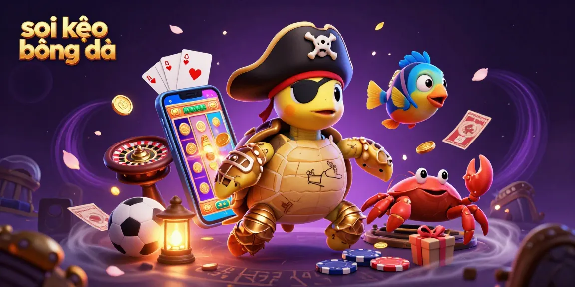 Soi kèo bóng đá scene featuring a 3D pirate turtle, crab, and parrotfish with sports betting elements and vibrant casino imagery.