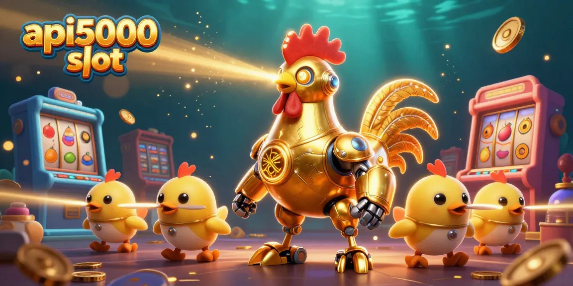 Mengguncang jackpot di api5000 slot dengan robot ayam emas futuristik dan drone anak ayam.