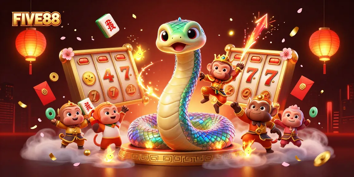 Experience the thrilling spin of FIVE88's 3D slots amidst magical lights and colorful characters.