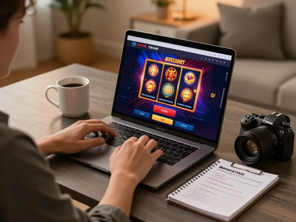 Engaging in online gaming with LGOLUX, showcasing slot machine excitement in a cozy home atmosphere.