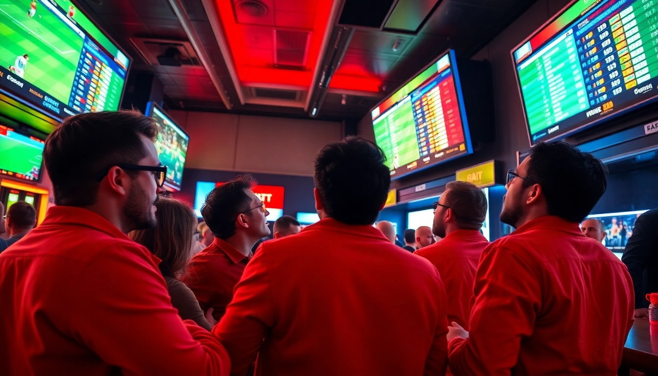 Pertaruhan olahraga SBOBET yang ramai di bar olahraga dengan layar besar menampilkan pertandingan langsung.