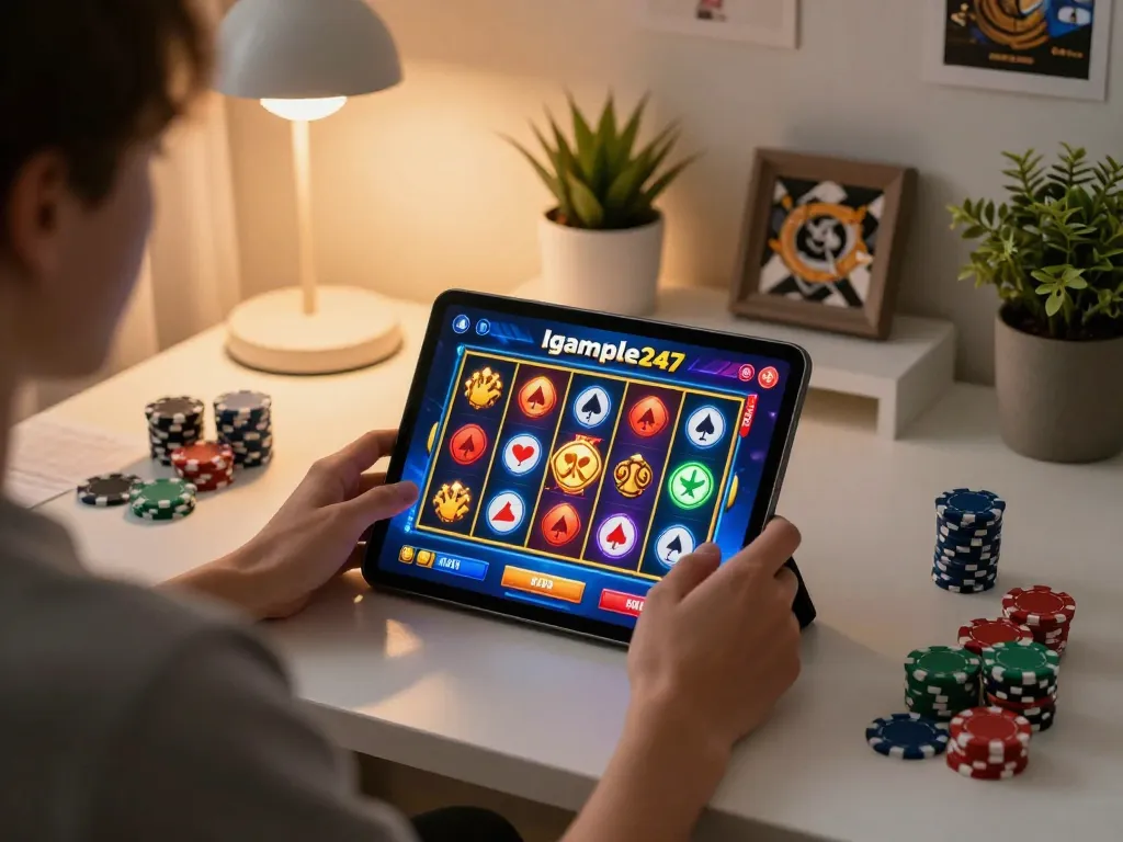 Igamble247 Slot gameplay on tablet in cozy home setting showcasing colorful reels and shine
