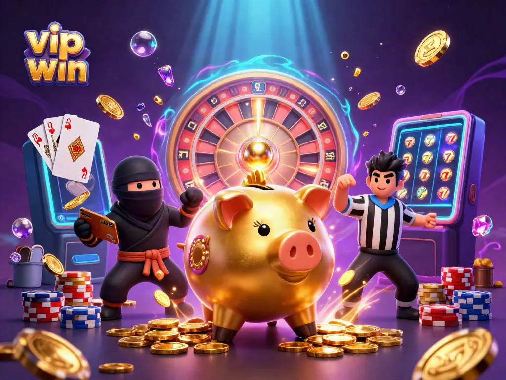 Experience the thrill of winning with vip win, featuring a sumo wrestler and ninja in a vibrant casino scene.