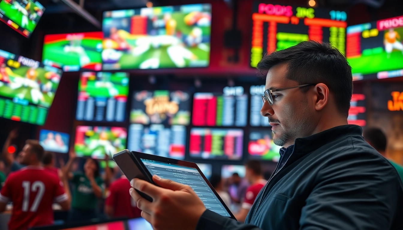 Engaged fan analyzing Sports Betting data in a lively sports bar with vibrant screens.