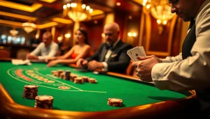 Engage in an exciting Blackjack Casino game with a dealer and players at the table.