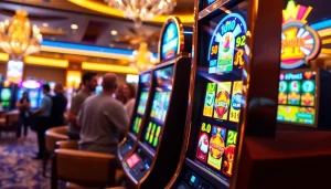 Slot Game yang menarik dengan mesin berwarna cerah di kasino yang ramai.