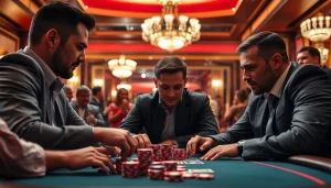 Engaged players showcasing intense strategies in a Poker Game at a lively casino.