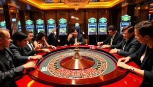 Experience the excitement of BJ 888 at a luxurious casino table with engaged players and vibrant gaming elements.
