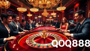 Players celebrate big wins at a lavish QQ888 casino table.