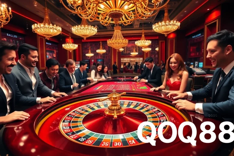 Players celebrate big wins at a lavish QQ888 casino table.