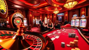 Gambling thrill at thabet with vibrant slot machines and an exciting roulette wheel