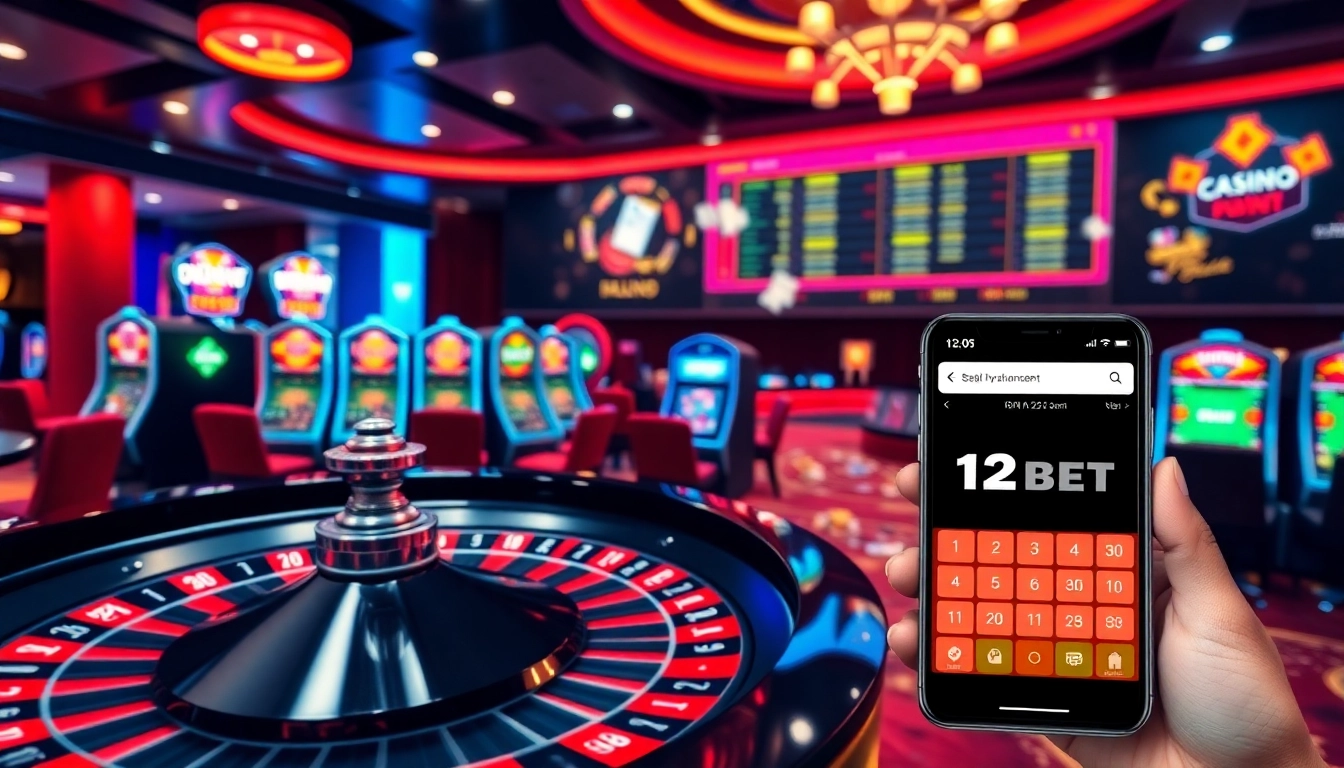 Engaging online casino scene highlighting ink vao 12bet with roulette and colorful slots.