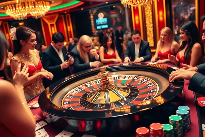 Experience the thrill of gambling at Hi88.com with a vibrant casino scene featuring roulette and players.