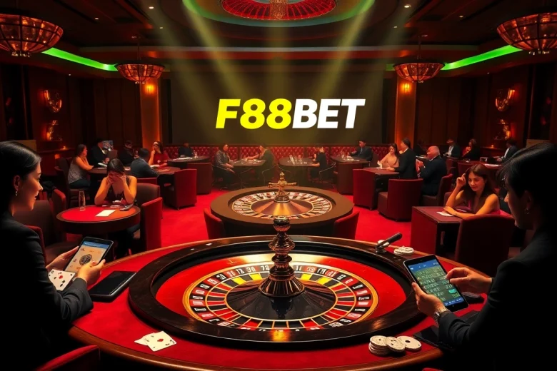 Players enjoying exciting games at a luxurious casino with F88BET branding, showcasing poker chips and roulette.