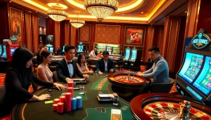 High-stakes game night at Nhà cái CF789, featuring poker tables and slot machines.