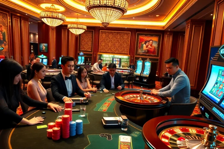 High-stakes game night at Nhà cái CF789, featuring poker tables and slot machines.