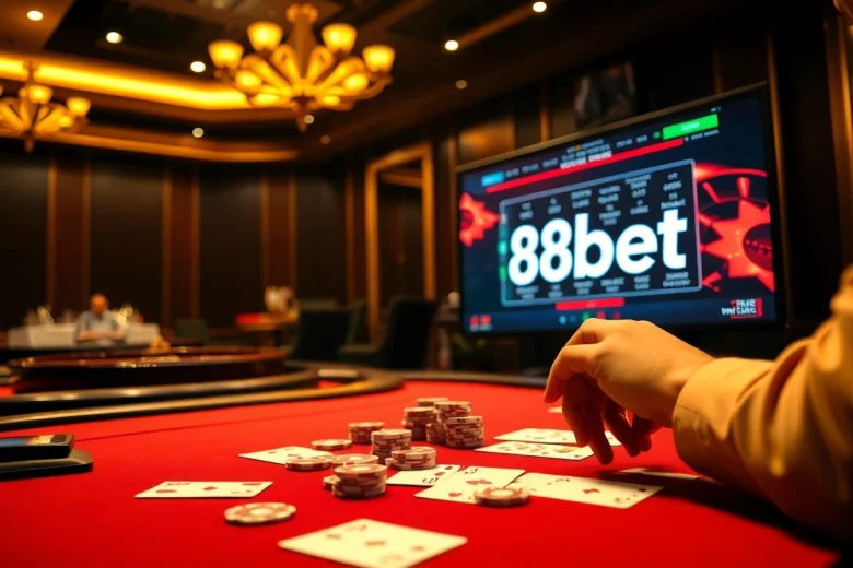 Engaging scene of a thrilling poker game at 88bet casino featuring vibrant chips and cards.