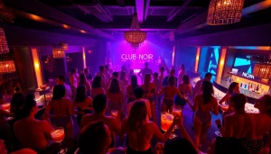 Night club sxm scene at Club Noir featuring vibrant dancers and cocktails.