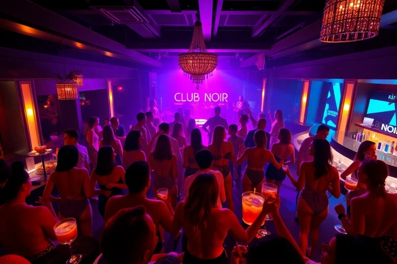 Night club sxm scene at Club Noir featuring vibrant dancers and cocktails.