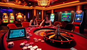 Players enjoying a thrilling casino game at Hello88 featuring a luxurious atmosphere with colorful poker chips.