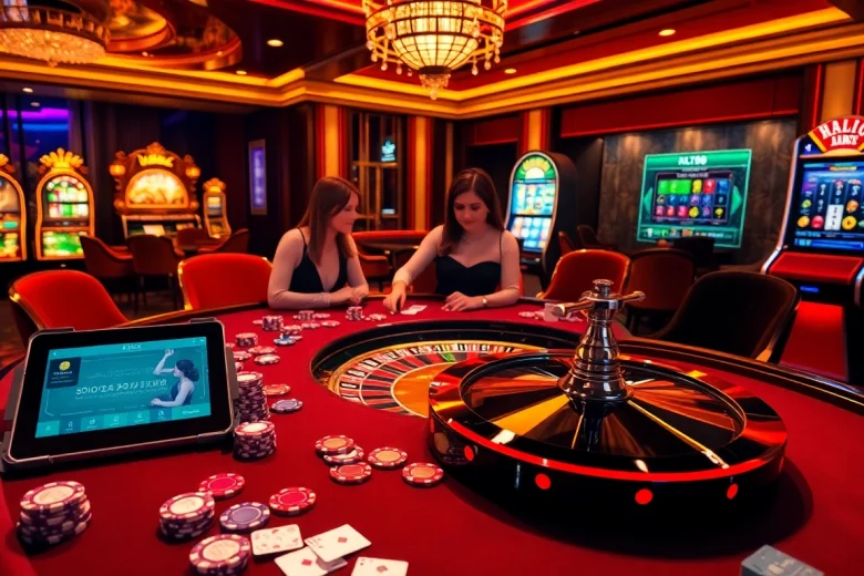 Players enjoying a thrilling casino game at Hello88 featuring a luxurious atmosphere with colorful poker chips.