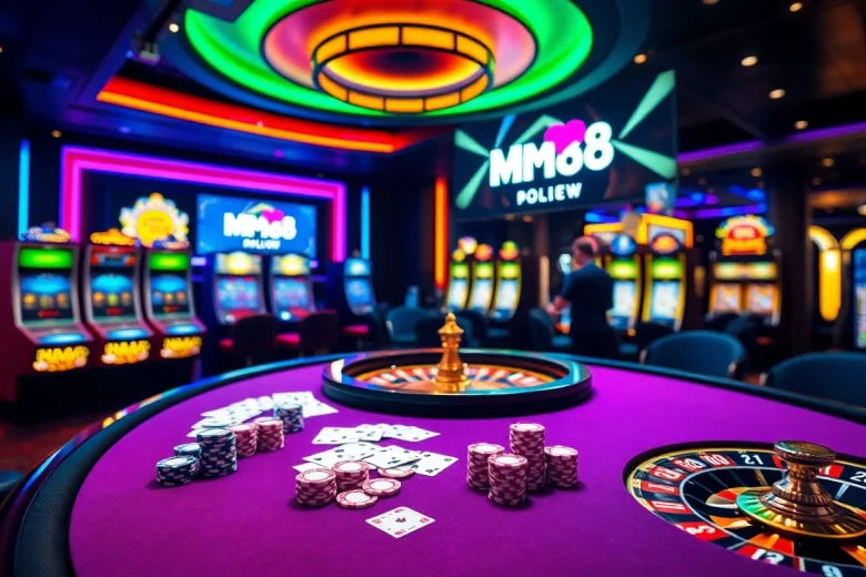 Excitement of MM88 HOW poker action with colorful chips and cards at a vibrant casino table.